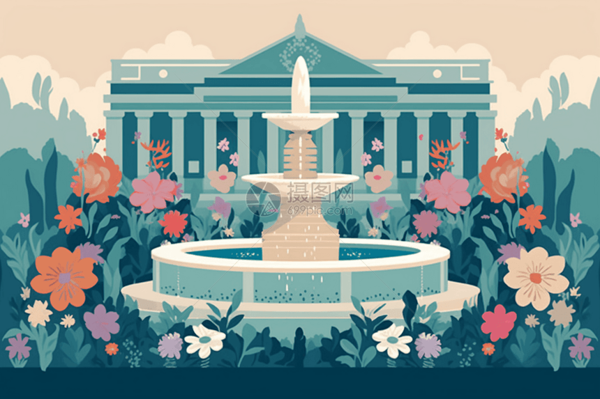喷泉周围是盛开的花朵图片