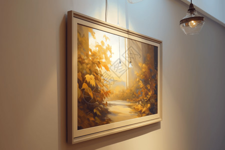 油画细节一幅秋天田园风光油画挂在画廊的墙上背景