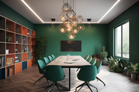吊灯元素色彩的会议室场景设计图片