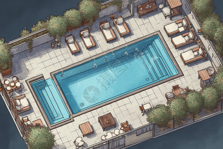 艺术画廊大楼屋顶游泳池的俯视图周围是豪华躺椅。图片