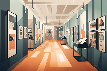 平面效果图现代博物馆展览厅效果图插画