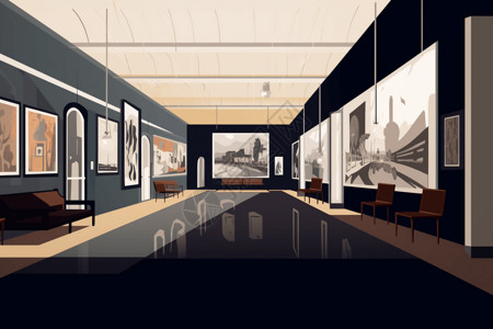 现代走廊效果图现代博物馆展览厅黑白装修风格效果图插画