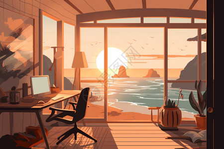 大海桌面素材有着日落大海美景的工作室插画