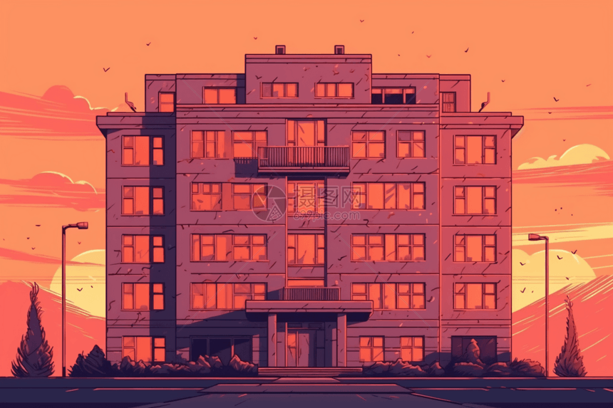 日落时建筑物的卡通平面插图图片