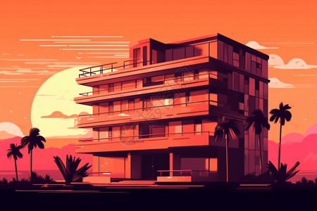 日落时建筑物的卡通插图图片