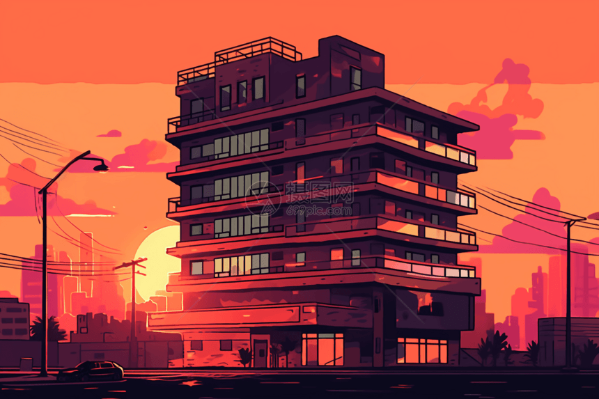 日落时建筑物的插图图片