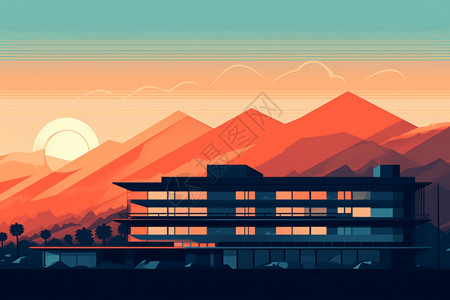 日出时的建筑卡通平面插图背景图片