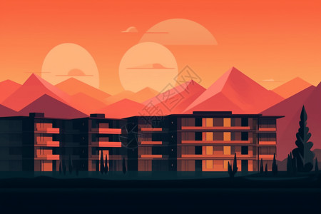 日出时的建筑平面插图图片