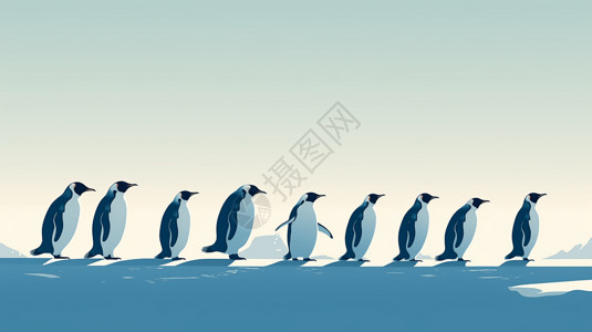 摇摇晃晃的一排企鹅在白雪皑皑的风景中摇摇晃晃插画