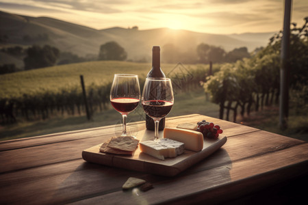 红酒和奶酪葡萄园酒庄高清图片