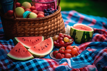 草莓格子格子野餐毯上的水果背景
