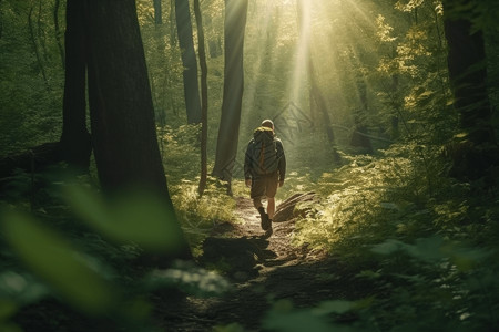一个人徒步穿越森林背景图片