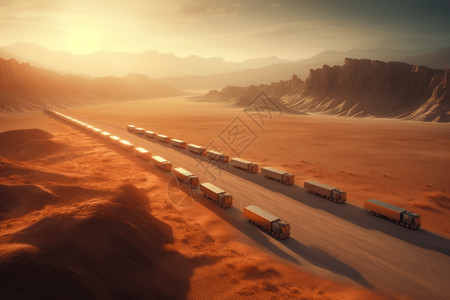 无人驾驶卡车电动大篷车在沙漠景观中运送货物插画