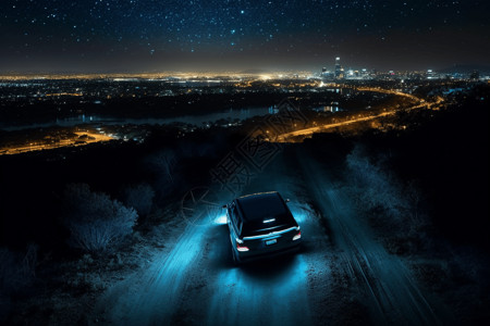 布满星星天空自动驾驶汽车穿过布满星星的夜空设计图片