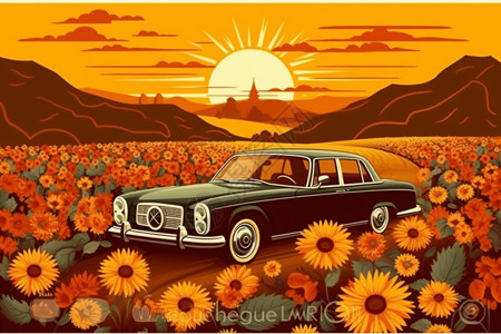 汽车驶过乡间美丽的向日葵背景图片