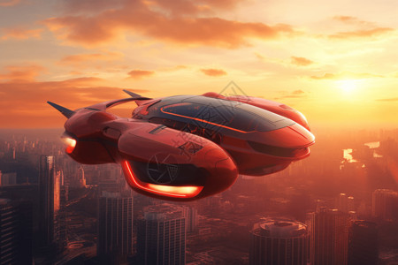 超现实城市飞行汽车在城市上空插画