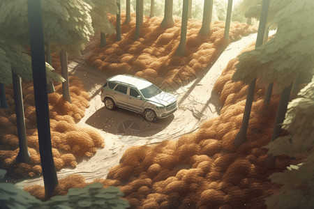 在森林里路在森林小道上行驶的汽车插画