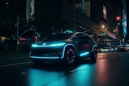 自动驾驶汽车在夜晚的街道行驶图片