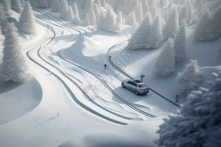 山路雪景雪山公路行驶的汽车插画