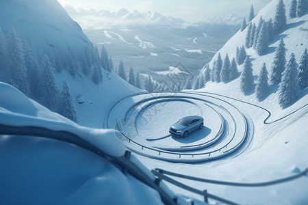 雪山公路弯道上行驶的汽车背景图片