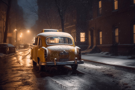 坐出租车复古出租车在冬天的设计图片