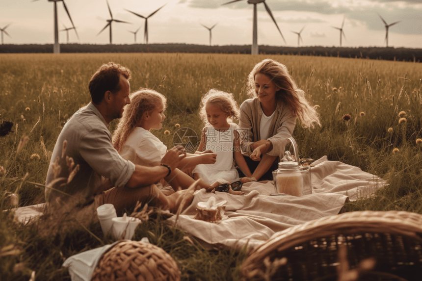 一个家庭在野外野餐图片