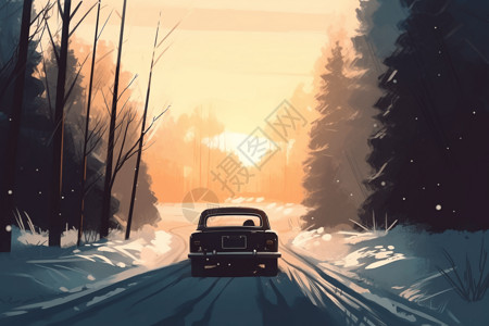 汽车行驶在冬季森林的公路上图片