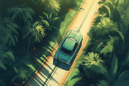 榉树成荫环保的汽车在棕榈树成荫的道路上行驶插画