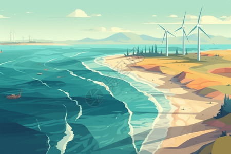 海滩旁边的风力发电场背景图片