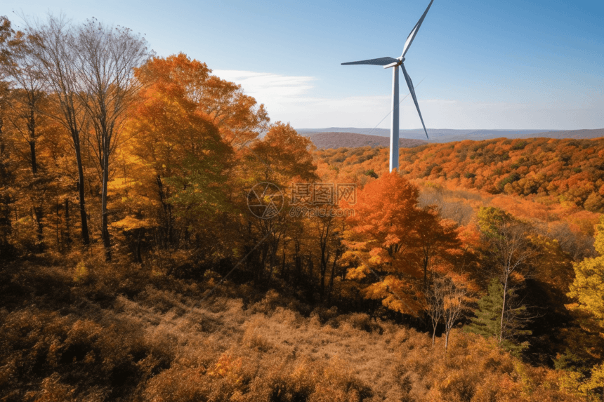 一种耸立在森林上空的风力涡轮机图片