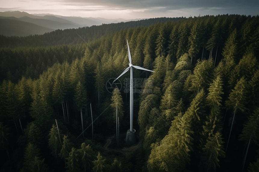 森林上空的风力涡轮机图片