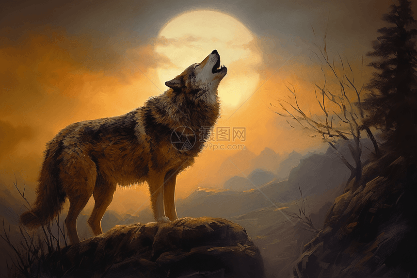 孤狼对着月亮嚎叫的插画图片