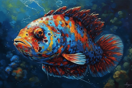 海洋生物彩色鱼一条深海鱼类的油画插画