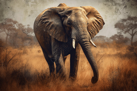 象牙芒走过草原的大象插画
