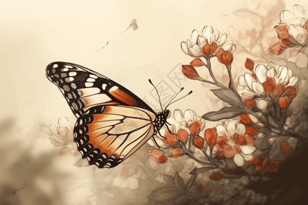 蝴蝶栖息花园中的花朵上背景图片