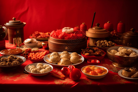 桌子上摆满了传统的农历新年菜肴高清图片