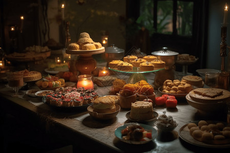 月饼种类餐桌上的各种甜点美食甜品背景