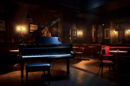 蓝色餐椅带钢琴的餐厅背景