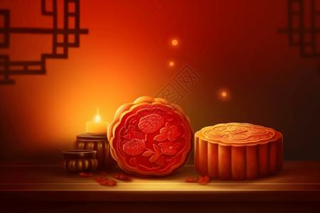 中秋节祭拜蜡烛边的月饼插画