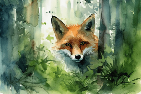 森林狐狸水彩画背景图片