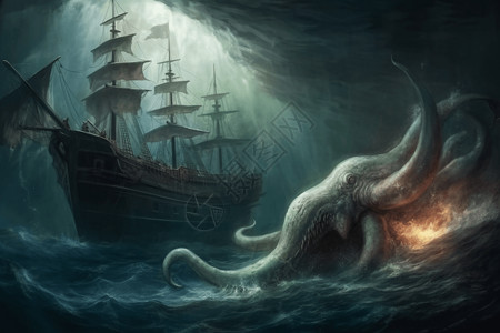 深海章鱼船只海怪高清图片
