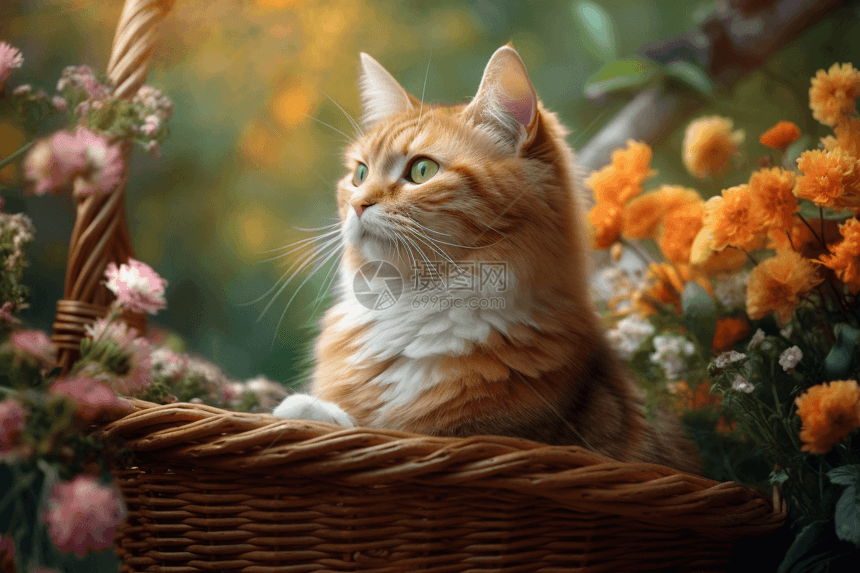 鲜花竹篮里的猫咪图片