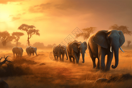 草地平原草原里行走的大象插画