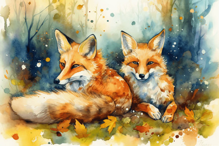 狐狸水彩画背景图片