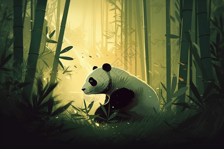 绿色竹林里的熊猫背景图片