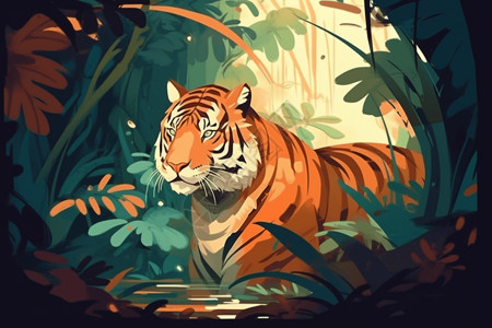 树林中的卡通老虎背景图片