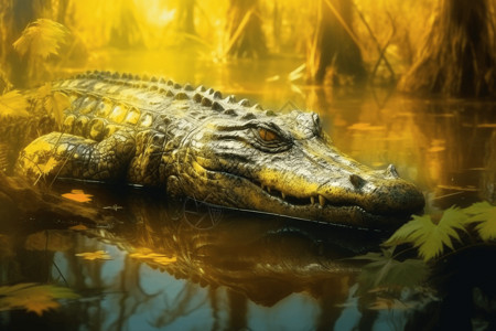 沼泽中栖息的鳄鱼高清图片