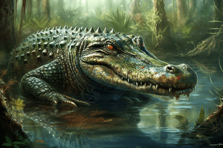 身处泥潭沼泽中的恐怖鳄鱼插画