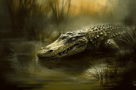 大鳄鱼沼泽中的鳄鱼插画