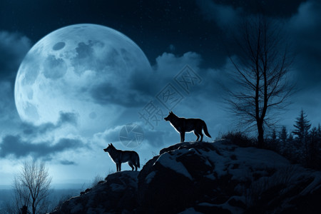 两只狼夜晚月亮下的狼插画